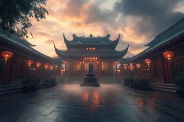 Majestic Chinese temple courtyard at dusk