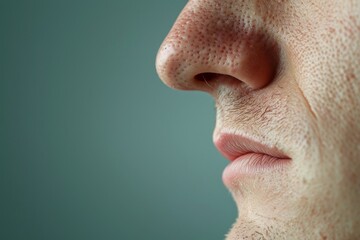 Close-up view of a man's facial profile highlighting the contours of the nose and lips against a blurred background.