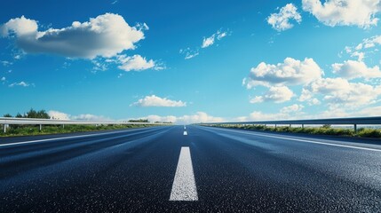 Fototapeta premium Endless Asphalt Road Under Clear Blue Sky with Puffy White Clouds