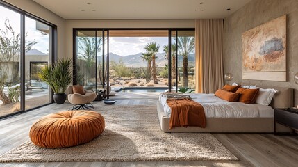 Fototapeta premium Show a modern desert oasis bedroom with natural textures and wide windows framing the expansive dunes
