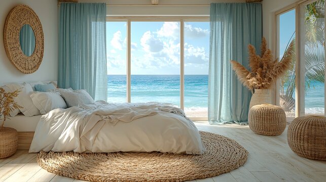 Create a seaside bedroom with soft pastels, featuring large windows overlooking the tranquil sea