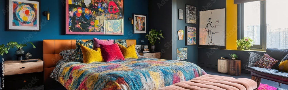 Wall mural A vibrant bedroom featuring colorful decor, artwork, and plants for a lively atmosphere.