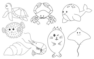 Fototapeta premium Hand Drawing line art of underwater life with Crab, whale, puffer fish, shrimp, shellfish, stingray, seals, turtle