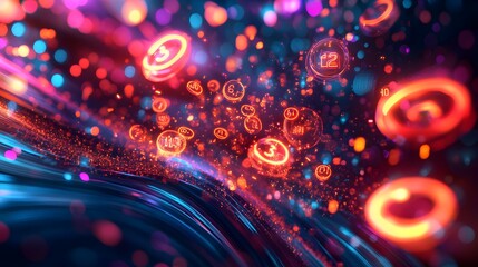 3. "An intricate array of neon numbers glowing and interacting with light in a cosmic setting