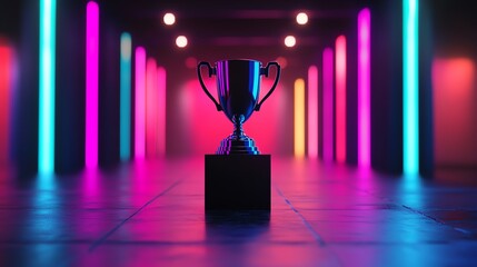 A shiny silver trophy stands on a black pedestal in a futuristic neon-lit hallway.