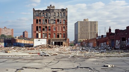 A view of an abandoned urban area with ruined buildings, debris, and graffiti