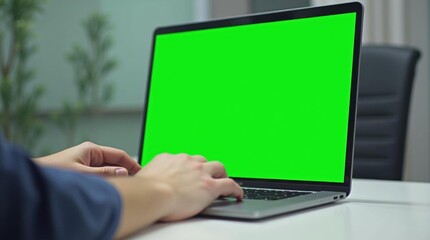 Laptop Screen Mockup: Green Display for Digital Content Presentation in Office Setting