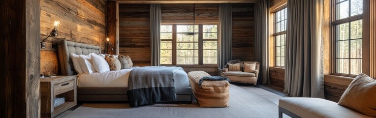 Fototapeta premium A cozy, modern bedroom with wooden accents and large windows for natural light.