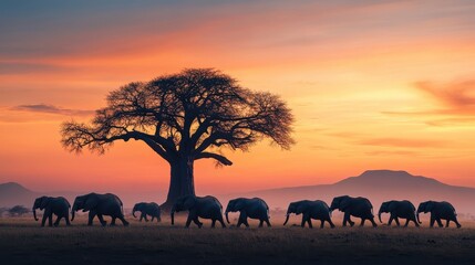 Fototapeta premium Elephant Family Silhouette at Sunset in the African Savanna