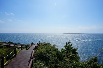 Obraz premium fine seaside walkway and far island