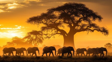 Fototapeta premium Elephants Walking Through the African Savanna at Sunset
