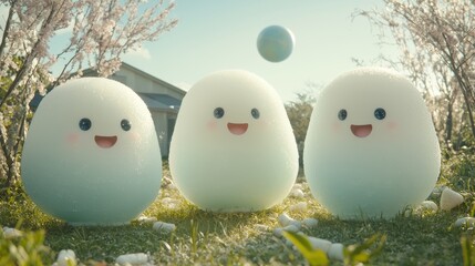 Cute cartoon style Easter eggs with smiling faces in spring garden with cherry blossoms