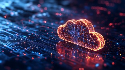 Floating cloud icon with thin lines extending outward like a circuit board, visualizing networked data connections.