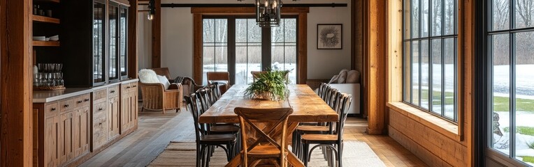 A cozy dining area featuring a wooden table surrounded by chairs and large windows.
