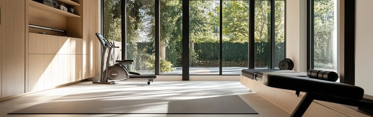 A modern home gym with exercise equipment and large windows overlooking greenery.