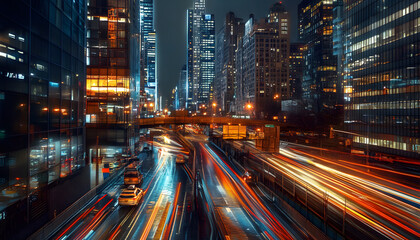 Fototapeta premium A bustling city at night, with skyscrapers illuminated and traffic creating streaks of light