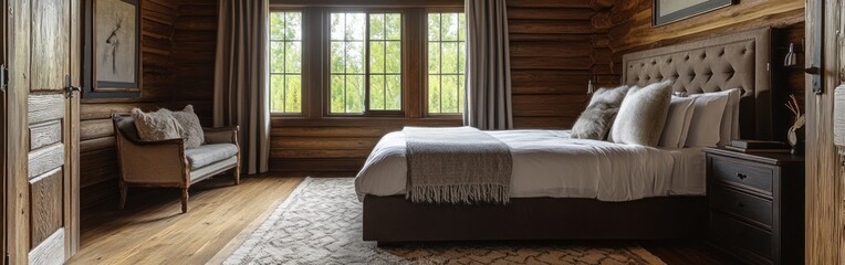A cozy, modern bedroom with wooden accents and natural light.