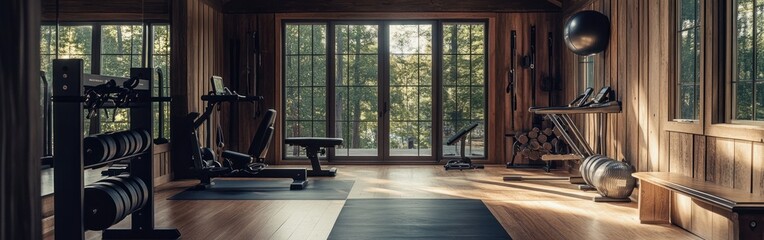 Fototapeta premium A serene home gym with natural light and wooden accents, designed for fitness and wellness.