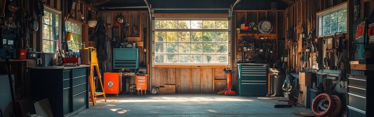A well-organized garage with tools, workbenches, and storage for DIY projects.