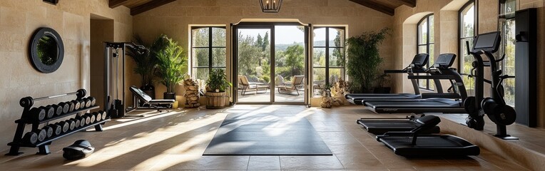 Obraz premium A modern home gym featuring exercise equipment and large windows with a view.