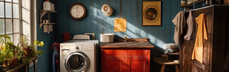 A cozy laundry room with a washing machine, sink, and rustic decor.