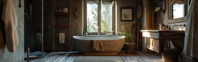 A serene bathroom with a freestanding tub, natural light, and rustic decor.