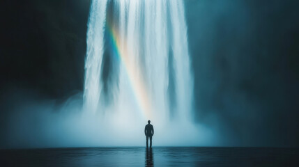 Capturing the Majestic Beauty of a Waterfall with Sunlight Rainbow