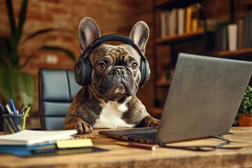 A French bulldog sitting at a spacious desk in a brightly lit office wearing a headset and staring at a laptop