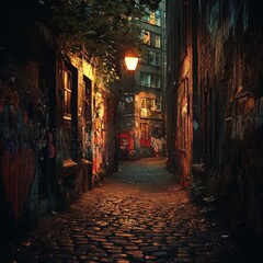 Fototapeta premium Cobblestone Alleyway with Streetlight at Night