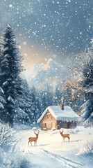 Fototapeta premium Winter Cottage Scene with Snow and Deer in a Serene Landscape