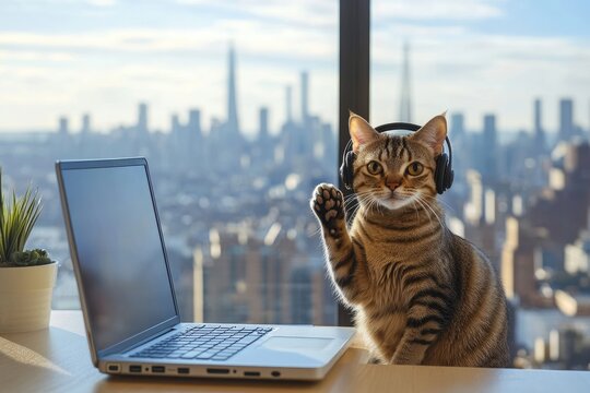Tabby Cat Working in Modern Office Setting with City View Through Window