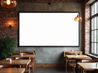 Cafe Whiteboard Mockup: Rustic Interior with Large Screen for Menu, Announcements, or Digital Signage in Coffee Shop Setting