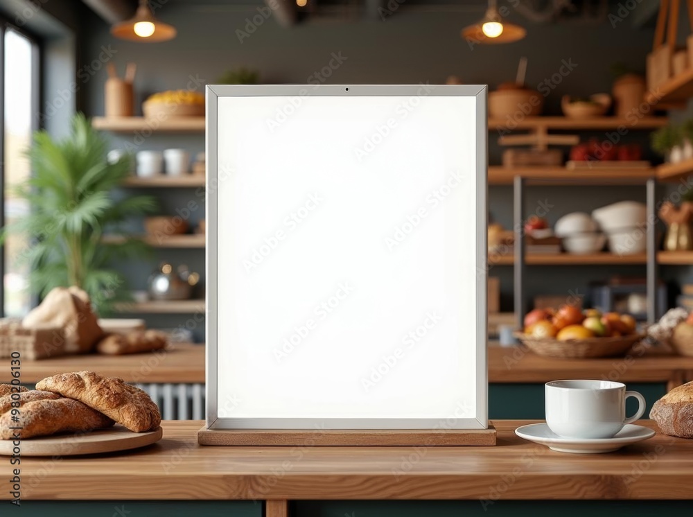 Wall mural cafe menu mockup: wooden frame on rustic table with fresh bread and coffee, perfect for restaurant b