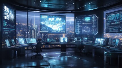 Futuristic Control Room with City View