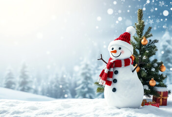 Christmas copy space background for text with snowman, tree and gift box in a snowy landscape.