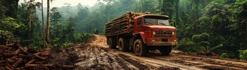 Obraz premium Logging Truck in Rainforest Deforestation Environmental Damage Sustainable Forestry
