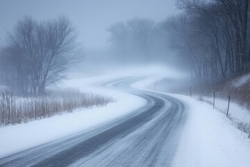 A winter blizzard on a country road, with snow blowing across the landscape and visibility low, cool tones, soft lighting, dramatic setting, rural atmosphere
