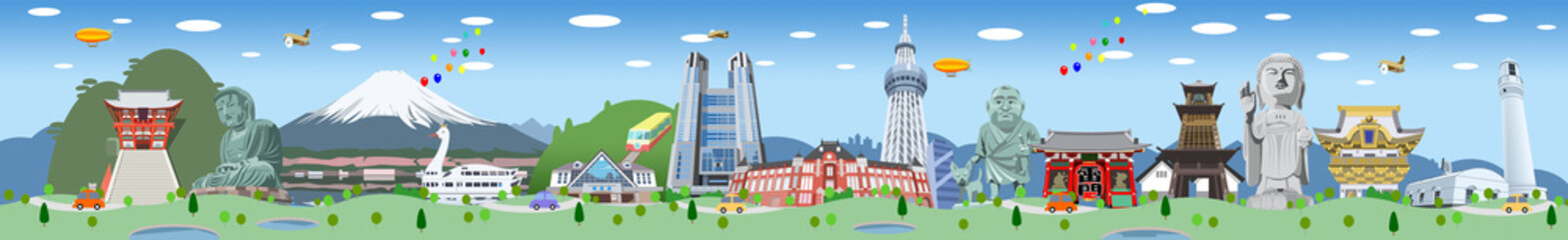 関東エリア観光地イラスト集合　背景付き
