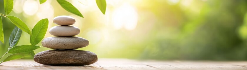 Zen Stones Stacked in Nature with Green Leaves and Sunlight