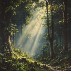 Sunbeams Through Forest Canopy  Misty Woodland Path  Lush Greenery  Nature  Trees  Sunligh