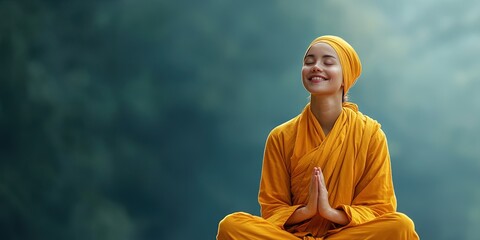 happy female buddhist monk meditating