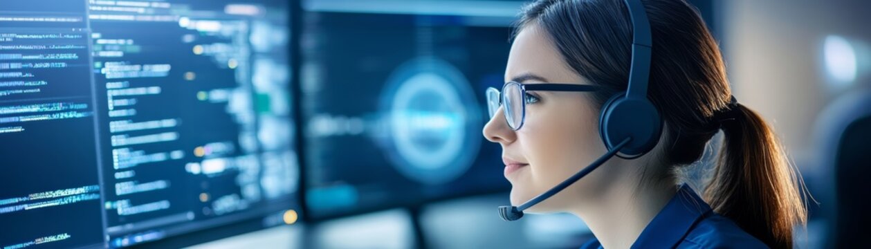 Woman with headset looking at computer screen with code