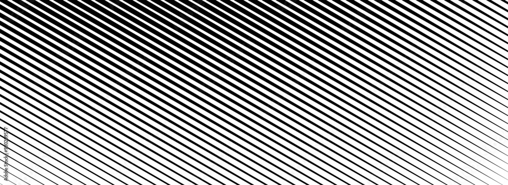 Poster Diagonal thin line halftone gradation texture. Fading oblique stripe gradient background. Black slanted pattern backdrop. Vanishing parallel tilted stripe wallpaper for overlay, print, cover. Vector