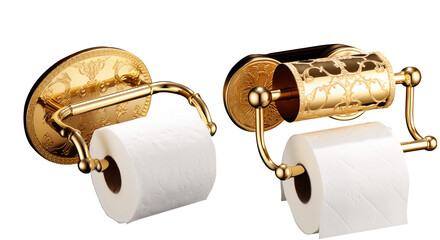 Close Up To a white Toilet paper Roll PNG with golden handle and a golden paper Roll isolated on white and transparent background - Bathroom paper Soft Tissue Hygienic Disposable sheets roll pack