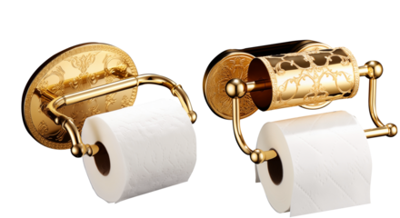 Close Up To a white Toilet paper Roll PNG with golden handle and a golden paper Roll isolated on white and transparent background - Bathroom paper Soft Tissue Hygienic Disposable sheets roll pack