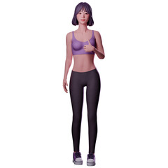 Fototapeta premium Beauty sport girl in sport wear showing thumbs up hand gesture with right hand, 3D character render