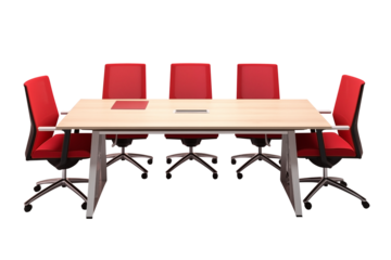 Close Up To an Office conference table PNG with Red Chairs isolated on white and transparent background - Office Meeting Boardroom table Workstation setup Business Concept