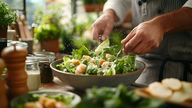 Culinary Artistry: Chef Preparing Fresh Caesar Salad in Sunlit Kitchen.