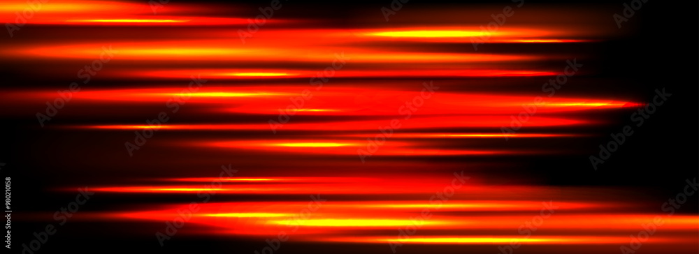Poster neon glowing horizontal streaks background. bright red speed light effect. magic trail flare line te