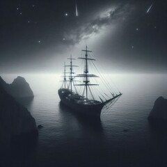 Fototapeta premium A lonely ship under the starry sky.